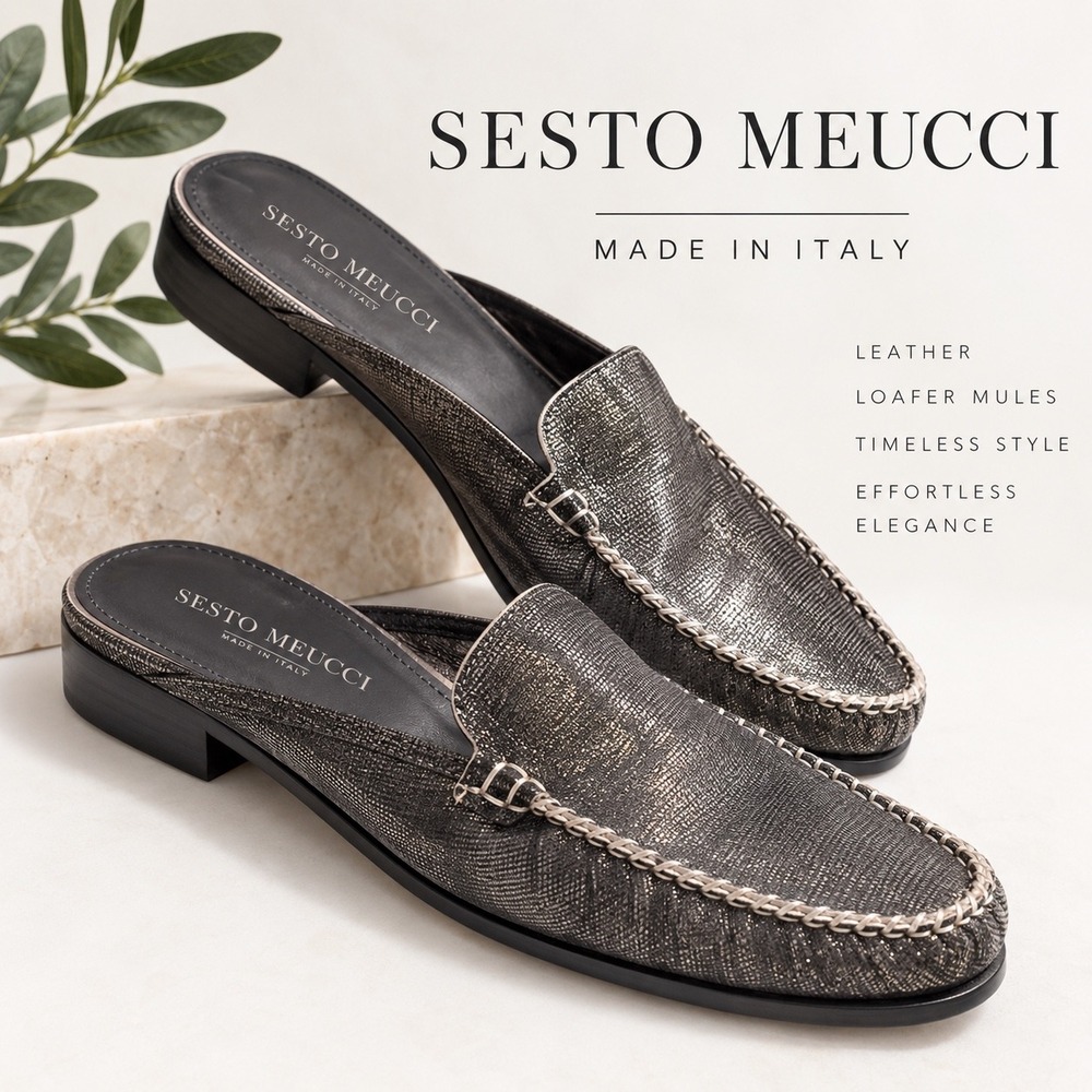 Sesto Meucci Metallic Leather Mules Made in Italy Pewter Size 9N ( US 7.5)